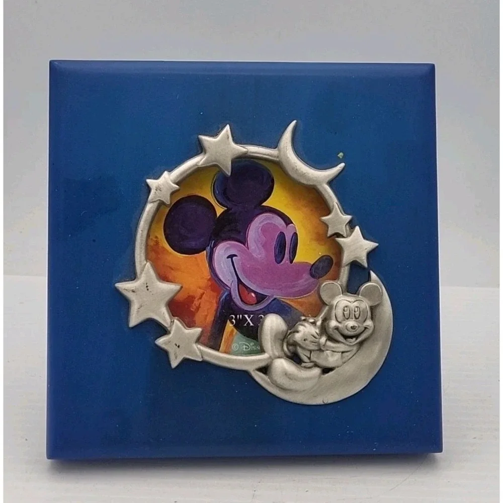 Disney Mickey Mouse Photo Frame Square Blue Wood &‎ Silvertone Metal Moon Stars